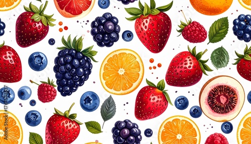 Patrón de frutas y frutos rojos dibujadas a mano, aisladas sobre fondo blanco, perfecto para fondo de pantalla empaque y diseño.