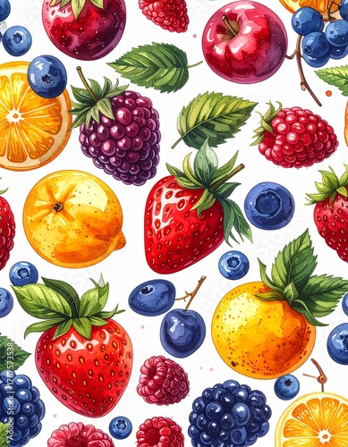 Patrón de frutas y frutos rojos dibujadas a mano, aisladas sobre fondo blanco, perfecto para fondo de pantalla empaque y diseño.