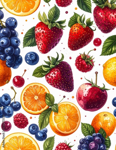 Patrón de frutas y frutos rojos dibujadas a mano, aisladas sobre fondo blanco, perfecto para fondo de pantalla empaque y diseño.