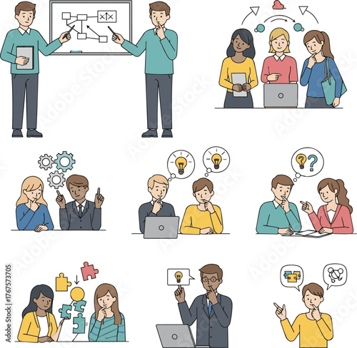 Create a kinds of deferent Simple vector illustration set of male and female students coming up with solutions vector art with white background..