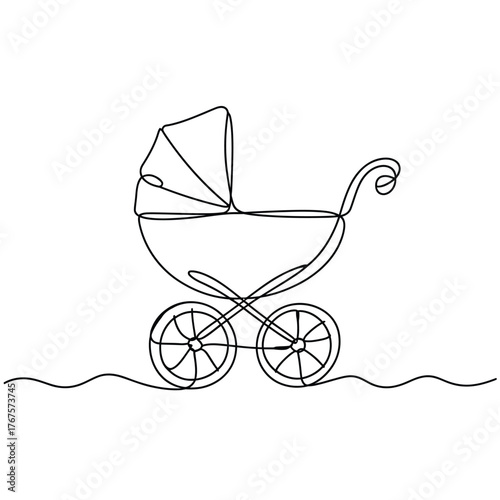Minimalist single line drawing of a vintage baby stroller