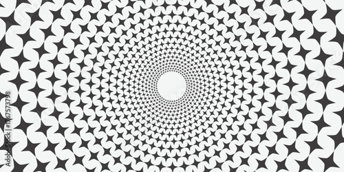 Spinning stars optical illusion background. Black and white hypnotic sparkles surface. Abstract trippy illusion wallpaper for banner, template design. Rotating in spiral sparks poster design. Vector