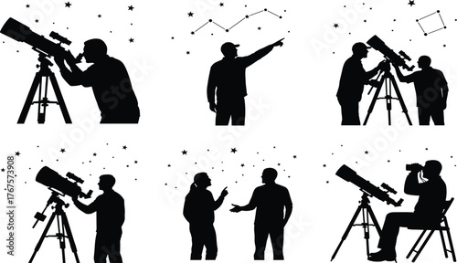 Silhouette vector of people stargazing, using telescopes, pointing at constellations, discussing astronomy, and exploring night sky science together