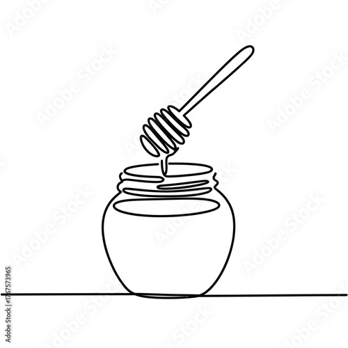 Minimalist continuous line drawing of honey jar and dipper