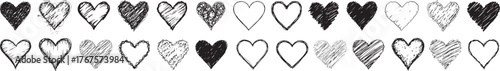 Hand Drawn Sketch Heart Shapes Collection Set Black and White Vector Icons