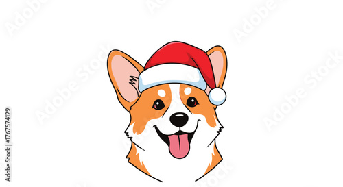 Cartoon corgi wearing a Santa hat smiles widely with its tongue out, celebrating the holiday season.