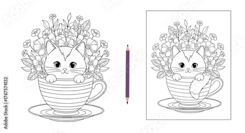 Cute kitten peeking out of a teacup overflowing with flowers, ready for coloring.