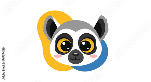 Cute cartoon ring tailed lemur face with big yellow eyes and blush marks, surrounded by abstract yellow and blue shapes.