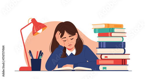 Young woman looking tired and stressed while studying late at night with books and a desk lamp.