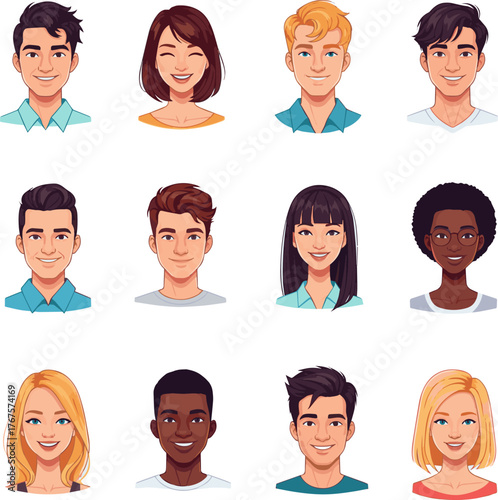 Create a kinds of deferent Smiling, relieved, happy young men and women icons vector art with white background