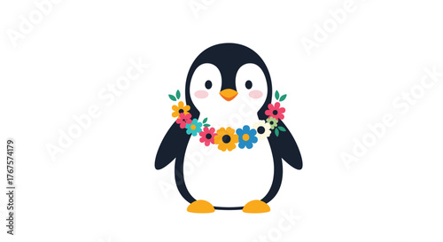 A cute cartoon penguin wearing a colorful flower lei around its neck.