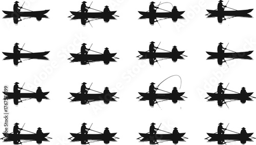 Silhouette vector of two fishermen in boat with fishing rods and reflections, traditional rural lifestyle for stock illustration and design