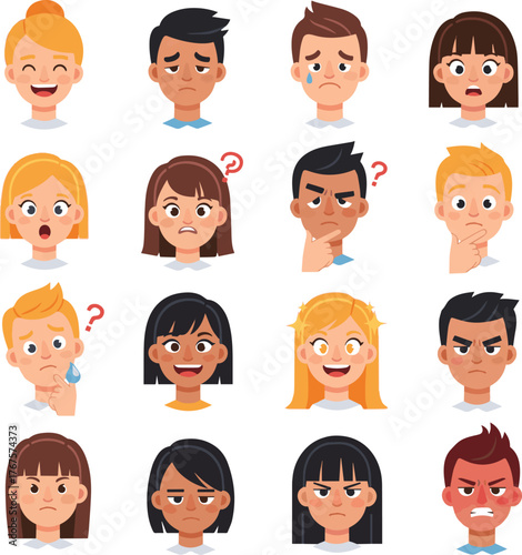 Create a kinds of deferent Student facial expression icon illustration set material vector art with white background.