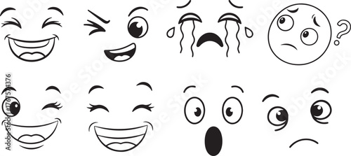 Set of expressive cartoon face icons in black and white line art, featuring various emotional expressions including joy, wink, sadness, confusion, surprise, and mischief with playful animated style.