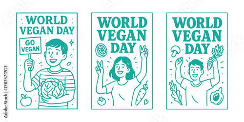 Celebrate World Vegan Day with vibrant illustrations of happy people enjoying plant-based foods and promoting a healthy lifestyle