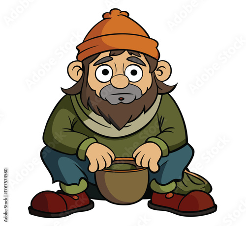 Cartoon beggar squatting with a pot