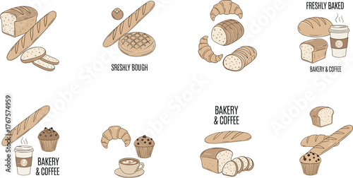 Minimal Hand Drawn Bakery Poster Set – Flat Vector Pastry and Bread Illustration Collectionn.