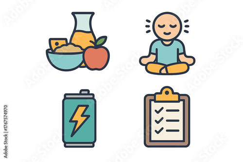 outline colorful icon 4 isolated on transparent background flat vector illustration style daily wellness theme including healthy breakfast mindfulness icon energy drink and daily checklist