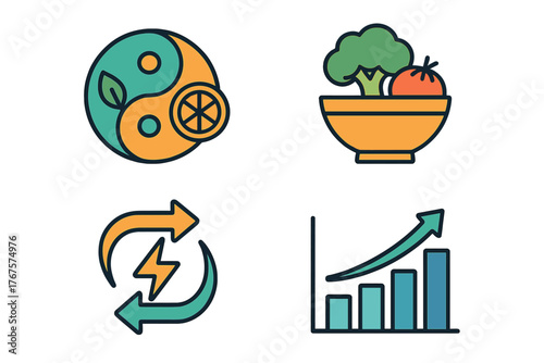 outline colorful icon 4 isolated on transparent background flat vector illustration style body balance theme including yin yang nutrition symbol balanced meal bowl energy flow icon and