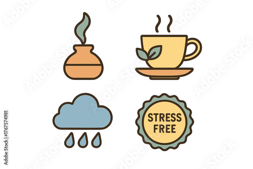 outline colorful icon 4 isolated on transparent background flat vector illustration style stress relief theme including aromatherapy diffuser relaxing tea cup gentle rain cloud and stress