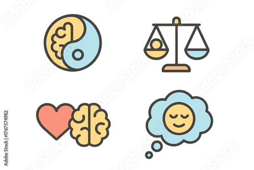 outline colorful icon 4 isolated on transparent background flat vector illustration style mental balance theme including yin yang brain mental balance scale heart and mind icon and calm