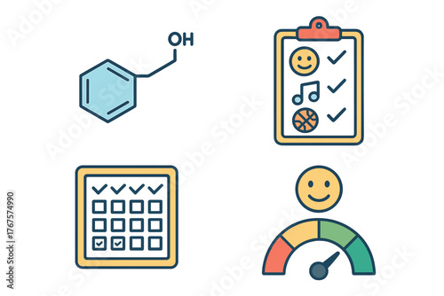 outline colorful icon 4 isolated on transparent background flat vector illustration style dopamine balance theme including dopamine molecule icon joyful activity list daily habit tracker