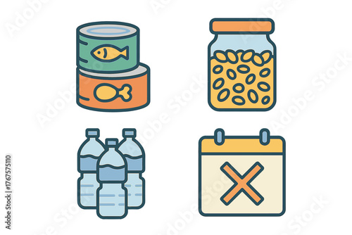 outline colorful icon 4 isolated on transparent background flat vector illustration style emergency food storage theme including long shelf life cans dry grains jar bottled water stack and