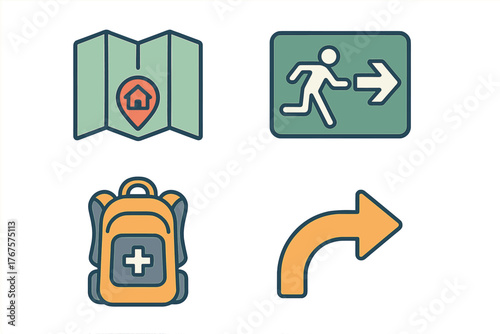 outline colorful icon 4 isolated on transparent background flat vector illustration style safe evacuation theme including shelter map emergency exit sign evacuation backpack and route arrow