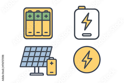 outline colorful icon 4 isolated on transparent background flat vector illustration style battery storage theme including AA battery pack rechargeable power bank solar panel charger and