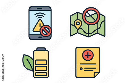 outline colorful icon 4 isolated on transparent background flat vector illustration style signal blackout theme including no signal phone icon offline map battery saving mode and emergency