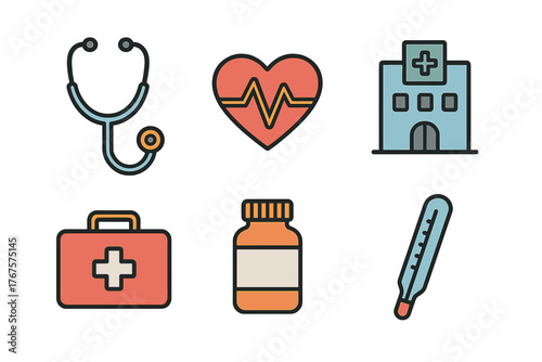 outline colorful icon 6 isolated on transparent background flat vector illustration style healthcare theme including stethoscope heart monitor hospital building first aid kit pill bottle