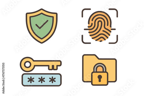 outline colorful icon 4 isolated on transparent background flat vector illustration style digital security theme including shield with checkmark fingerprint scan password key and data lock