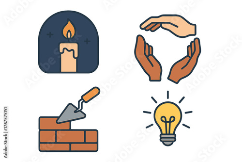 outline colorful icon 4 isolated on transparent background flat vector illustration style resilience spirit theme including candle darkness community support hands rebuilding icon and hope