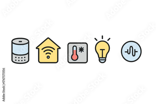 outline colorful icon 5 isolated on transparent background flat vector illustration style smart home theme including smart speaker home automation hub thermostat smart bulb and voice