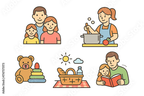 outline colorful icon 5 isolated on transparent background flat vector illustration style family lifestyle theme including family portrait home cooking kids toys weekend picnic and reading
