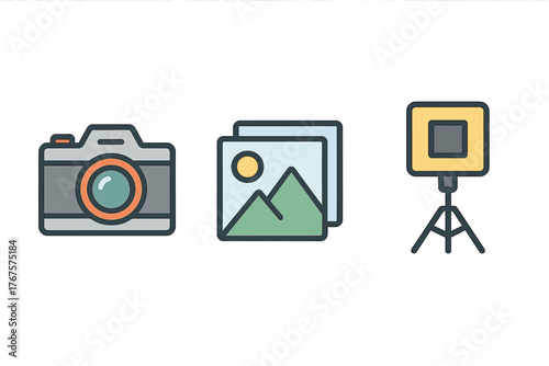 outline colorful icon isolated on transparent background flat vector illustration style photography theme including camera photo gallery and light tripod