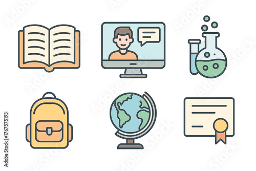 outline colorful icon 6 isolated on transparent background flat vector illustration style education theme including open book online lecture science experiment school backpack globe and