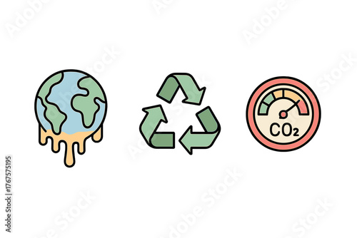 outline colorful icon isolated on transparent background flat vector illustration style climate change theme including melting globe recycling sign and CO2 meter