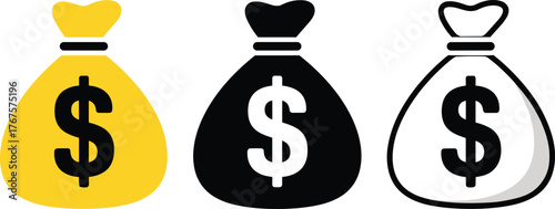 Money Bag Icon Set for Finance and Investment Design. Dollar Money Bag Symbols for Business and Banking.
