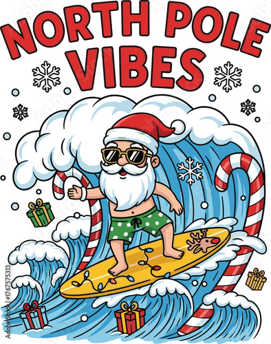 Surfing Santa Claus on Wave with Candy Canes and Presents North Pole Vibes Text christmas holiday