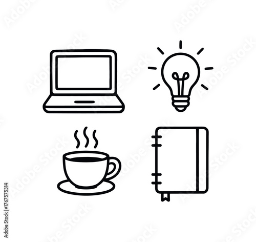 Outline creative business icon 4 isolated on white background laptop idea bulb coffee cup and notebook clean black and white line art with slightly hand drawn strokes modern inspiring work