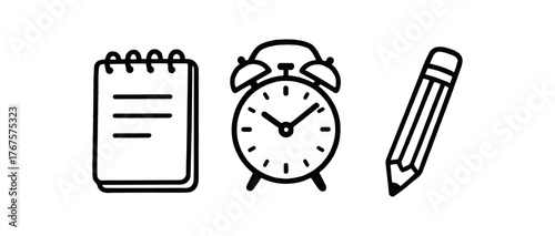 Outline daily schedule icon isolated on white background notebook clock and pencil clean black and white line art with slightly hand drawn strokes soft productivity style