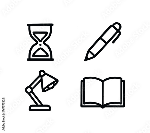 Outline focus moment icon 4 isolated on white background hourglass pen lamp and open page clean black and white line art with slightly hand drawn strokes peaceful deep work style