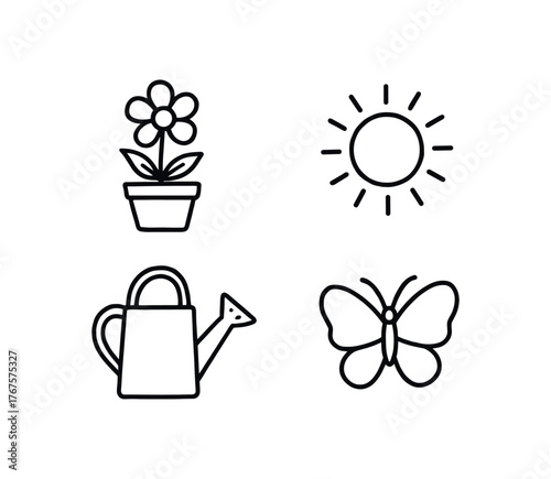 Outline spring bloom icon 4 isolated on white background flower pot sun watering can and butterfly clean black and white line art with slightly hand drawn strokes gentle seasonal renewal