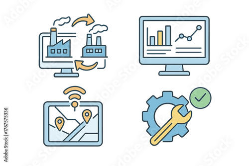 outline colorful icon 4 isolated on transparent background flat vector illustration style digital twin theme including virtual factory model simulation dashboard IoT sensor map and
