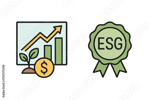 outline colorful icon 2 isolated on transparent background flat vector illustration style green finance theme including eco investment chart and ESG rating badge