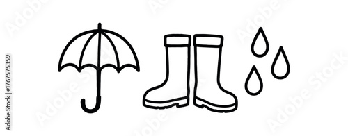 Outline rainy spring day icon isolated on white background umbrella and raindrops clean black and white line art with slightly hand drawn strokes cheerful wet weather style