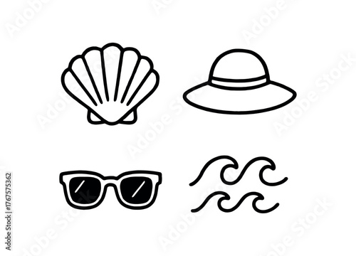 Outline summer beach icon 4 isolated on white background seashell hat sunglasses and wave clean black and white line art with slightly hand drawn strokes light vacation mood style
