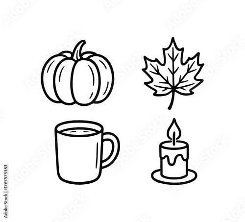 Outline golden autumn icon 4 isolated on white background pumpkin leaf mug and candle clean black and white line art with slightly hand drawn strokes warm fall home style