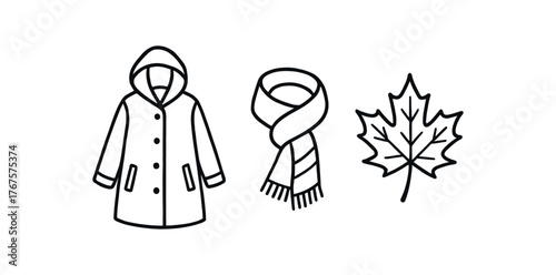 Outline rainy fall walk icon isolated on white background coat scarf and leaf clean black and white line art with slightly hand drawn strokes seasonal everyday style